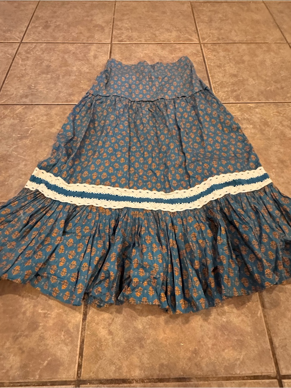 Teal Floral Tiered Maxi Skirt with Cream Lace Accent